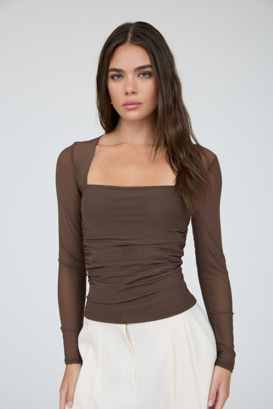 Brown Mesh Long-Sleeve Top